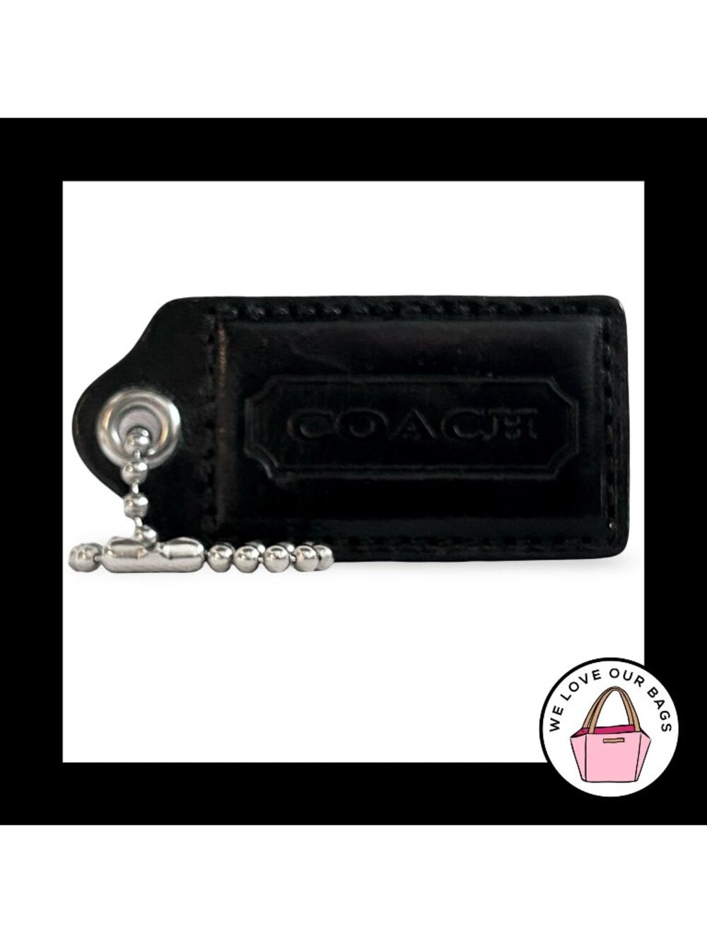 COACH HANG TAG 2.5" Black Smooth Leather Bag Charm Keychain Fob Nickel Large